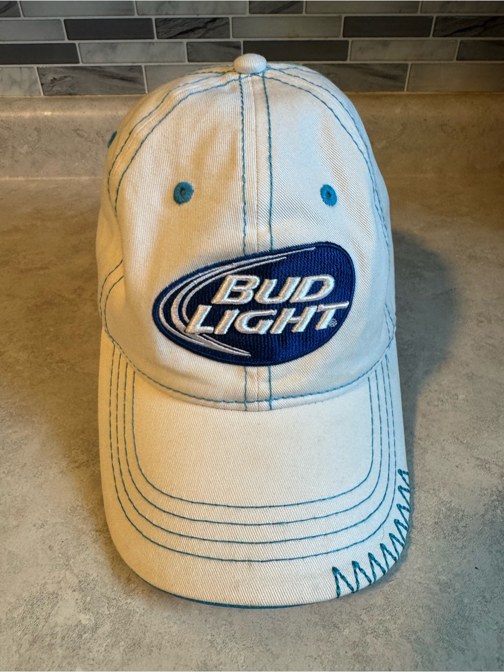 Bud Light Hat White Blue Baseball Cap Zig Zag Stitching